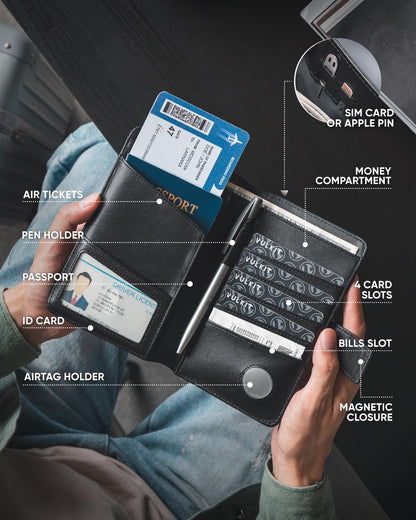 VULKIT Passport Holder with Airtag Holder RFID Blocking Passport Wallet Travel Leather Passport for Women(Iron Black)