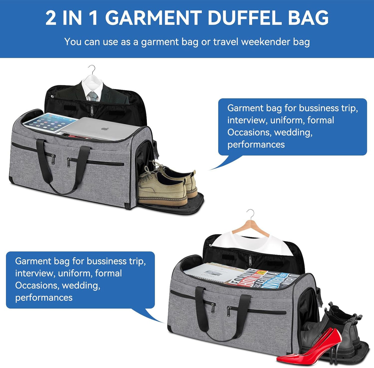 Carry on Garment Bag for Travel, Bukere Convertible Travel Duffel Suit with Shoe Compartment, Detachable Shoulder Strap, 2 in 1 Weekender Men Women