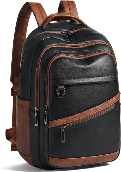 43L Backpack for Women Men - Vegan Leather Backpack Purse Travel Carry-on Bag College Bookbag Work fits 17" Laptop,Black&Brown