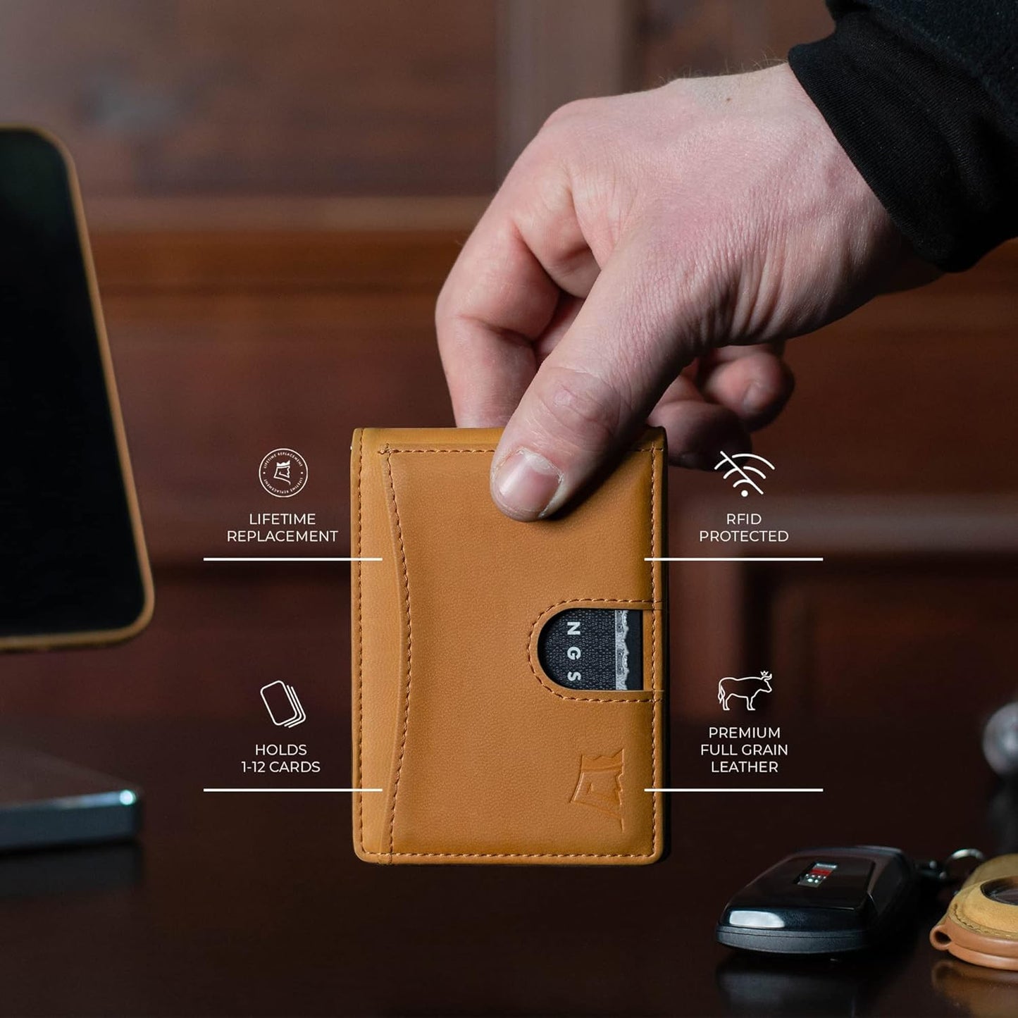 Kings Loot Money Clip Slim Minimalist Wallet for Men | RFID Blocking Leather Design with Money Clip | Front Pocket Bifold Holds 12 Cards | Stylish & Compact Wallets (Buckskin)