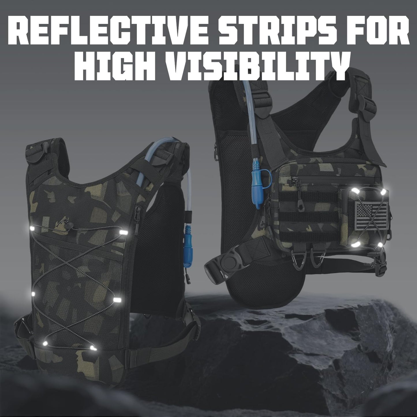 Hydration Vest（The design patent has been granted ）with 2L Water Bladder for Men and Women,Lightweight Adjustable Hydration Backpack,Reflective Running Hydration Chest Bag for Hiking Climbing Cycling