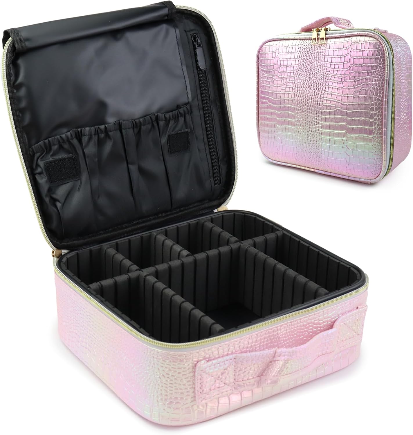 Travel Makeup Bag Makeup Cosmetic Train Case Organizer Portable Storage Bag with Adjustable Dividers for Cosmetics Makeup Brushes Toiletry Jewelry Colored Crocodile Pattern