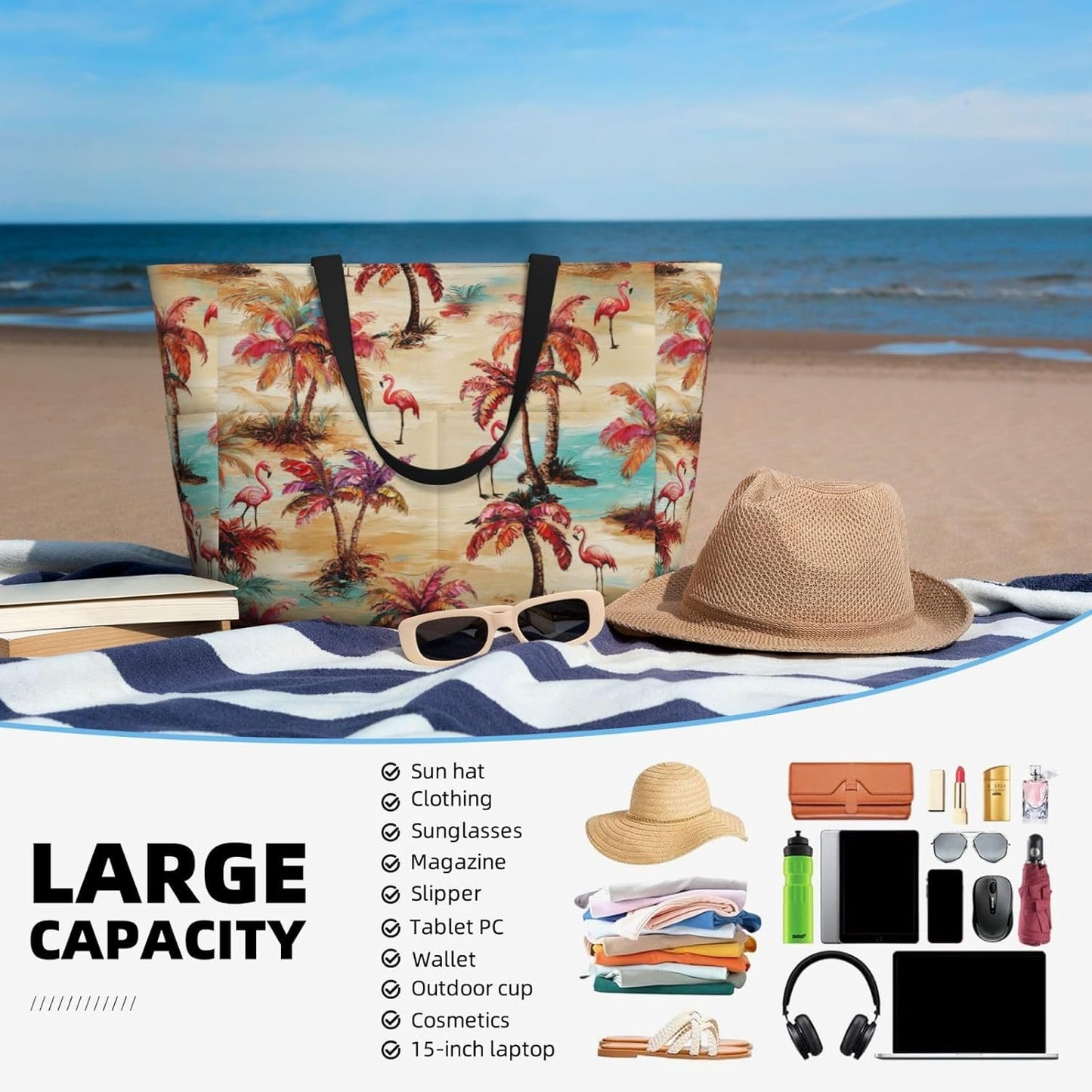 Beach Bag for Women Beach Tote Bag Waterproof Sandproof Large Bags with Zipper Big Capacity for Vacation Travel