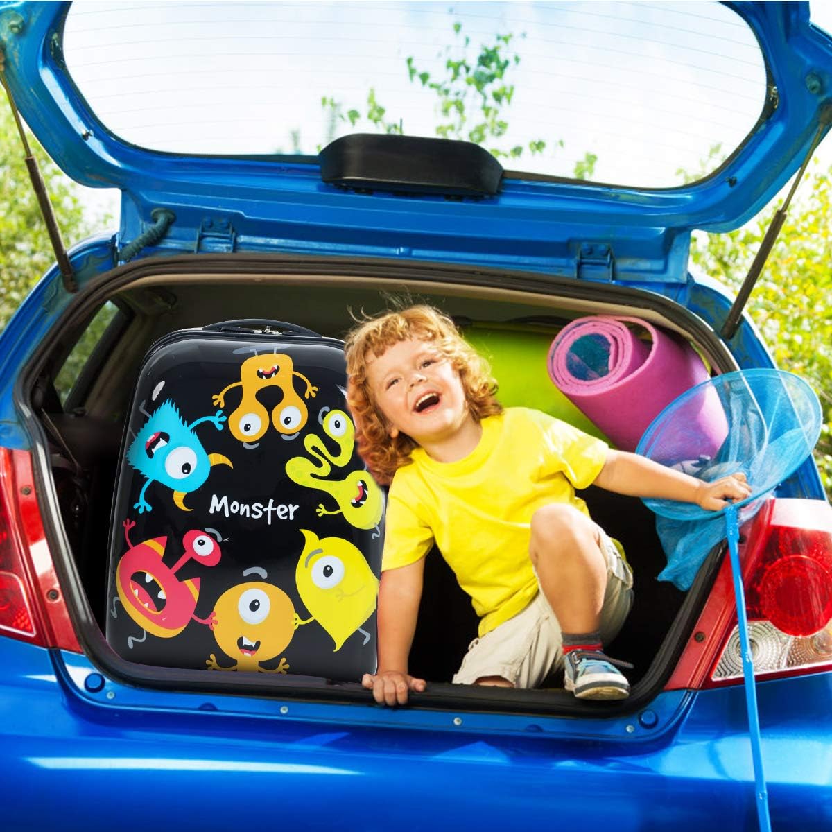 HONEY JOY Kids Luggage, 12" Toddler Backpack & 16" Travel Suitcase with Wheels, Lightweight Toddler Girls Suitcase, Durable ABS Hardshell, 2Pcs Carry On Luggage Set for Boys Girls, Black Monster