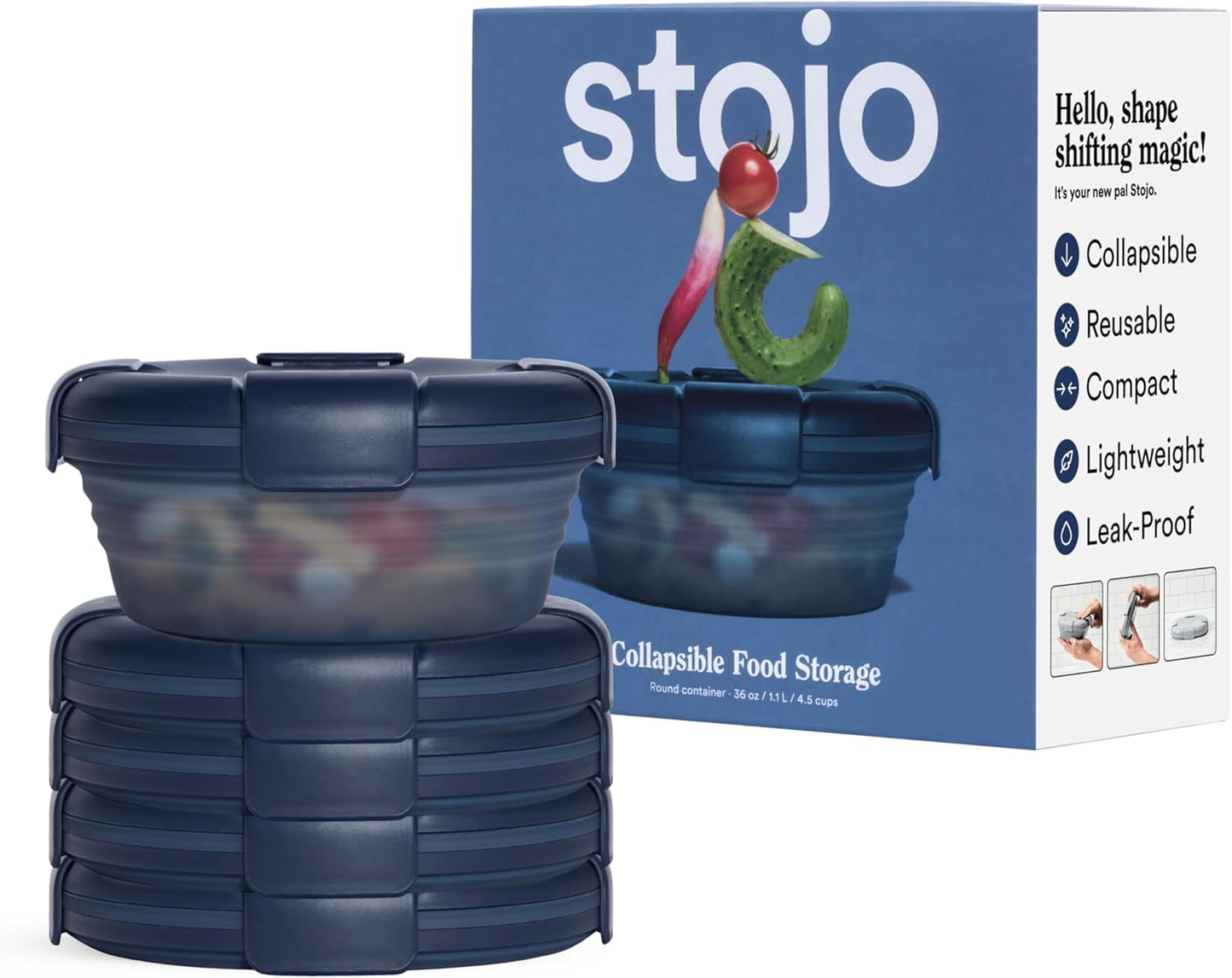 STOJO Collapsible Bowl 5 Set - Translucent Denim, 36oz - Reusable Silicone Bowl for Hot and Cold Food - Perfect for Travel, Meal Prep, To-Go Lunch, Camping & Hiking - Microwave & Dishwasher Safe