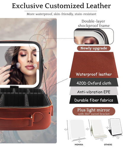 MOMIRA Travel Makeup Bag Cosmetic Bag with Lighted Mirror, Adjustable Brightness in 3 Color Scenarios/Detachable makeup mirror, All-round Upgrade, Waterproof, Gift for Women -Red Brown