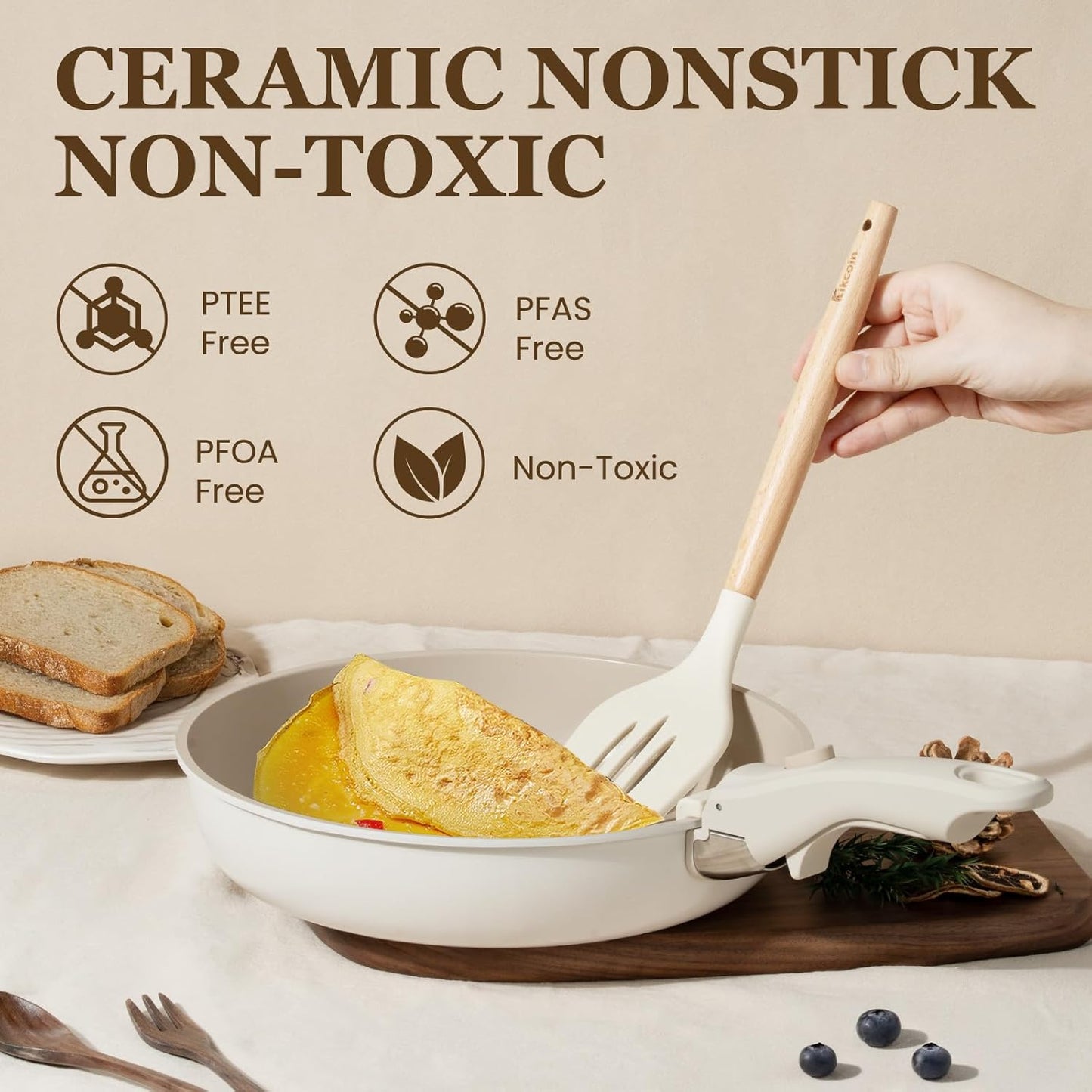 KIKCOIN Ceramic Cookware Set, 20 Pack Nonstick Pots and Pans Set with Detachable Handles, Healthy Frying Pans, Induction Dishwasher Oven Safe Kitchen Set, PFAS PFOA & PTFE Free