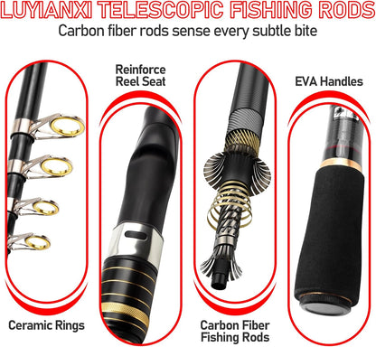 Telescopic Fishing Rod Combo - 2PCS 6.9 7.89FT Collapsible Carbon Fiber Pole Set, Spinning Reel Lures Lines Kits with Carrier Bag for Travel Saltwater Freshwater Fishing Gifts for Adults Beginer