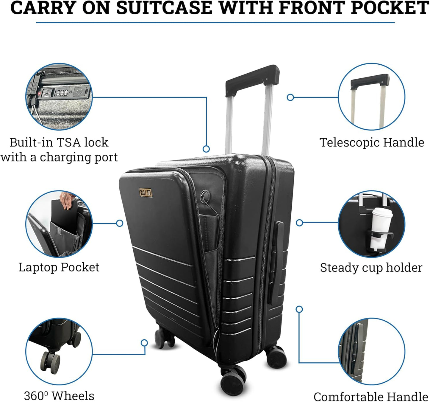 20 Inch Hardside Carry On Luggage with Spinner Wheels, Airline Approved 22x14x9 Carry-On Luggage with Front Pocket (Black)