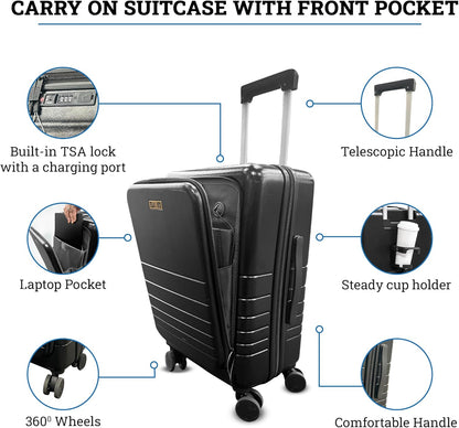 20 Inch Hardside Carry On Luggage with Spinner Wheels, Airline Approved 22x14x9 Carry-On Luggage with Front Pocket (Black)