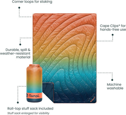 Rumpl Original Puffy Blanket - Warm, Water-Resistant Camping Blanket with 100% Recycled Synthetic Insulation, 52"x75", Original Puffy V2, Baja Fade