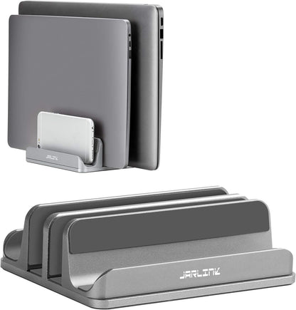 JARLINK 4-in-1 Adjustable Vertical Laptop Stand Holder, Aluminum Dual Slots Laptop Rack for Desk, Space-Saving Organizer Compatible with All MacBook, Surface, Chromebook, and Gaming Laptops (Grey)