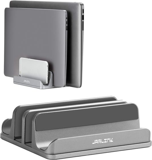 JARLINK 4-in-1 Adjustable Vertical Laptop Stand Holder, Aluminum Dual Slots Laptop Rack for Desk, Space-Saving Organizer Compatible with All MacBook, Surface, Chromebook, and Gaming Laptops (Grey)