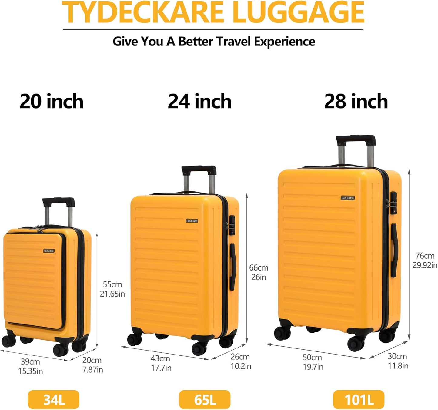 3Pcs (20/24/28) Luggage Set, HardShell Lightweight, Only 20" with Front Pocket, 21.65*15.35*7.87" Fits Overhead Cabin, 24" (26*17.7*10.2") and 28" (19.68*11.81*29.92") Checked Luggage, Orange