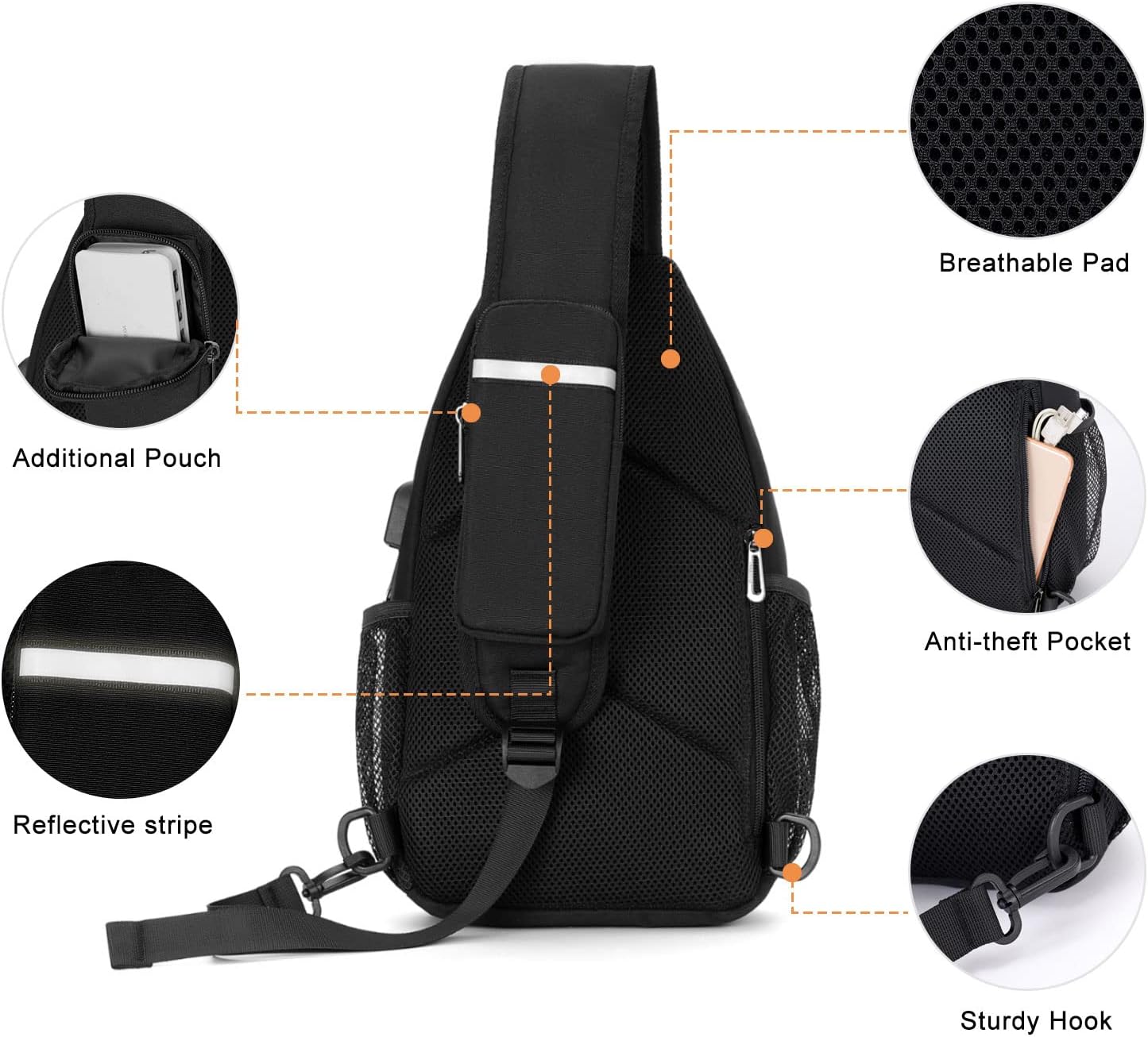 MOSISO Sling Backpack Bag, Crossbody Shoulder Bag Travel Hiking Daypack Chest Bag with Front Square Pocket&USB Charging Port