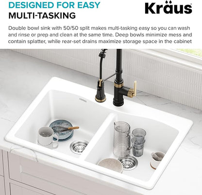 KRAUS Forteza 33-inch Granite Drop In/Undermount 50/50 Double Bowl White - Image 8