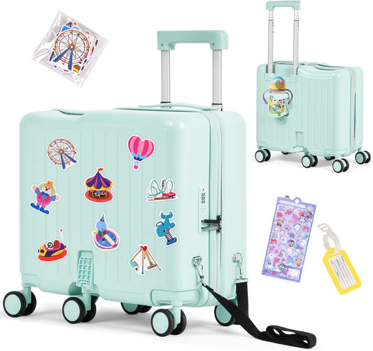 Kids Ride-On Luggage, 20" Hardshell Carry-On Suitcase with 6 Spinner Wheels, Foldable Pedal, Hidden Cup Holder & Combination Lock for Toddlers & Children (Green, 20-inch)