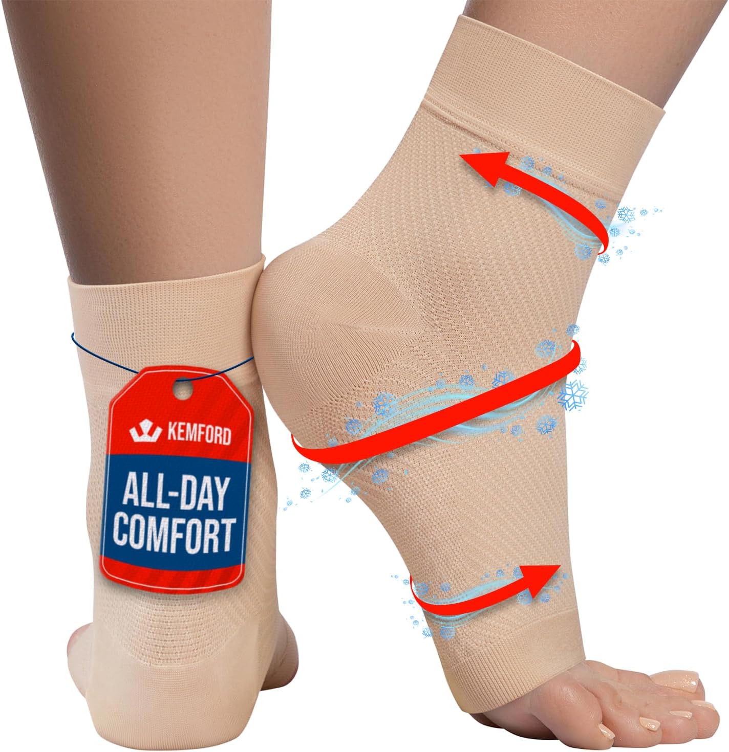 KEMFORD Ankle Compression Sleeve with Cooling Effect - Plantar Fasciitis Braces - Open Toe Compression Socks for Swelling, Sprain, Neuropathy, Arch Support for Men and Women - L, Beige