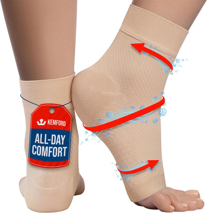 KEMFORD Ankle Compression Sleeve with Cooling Effect - Plantar Fasciitis Braces - Open Toe Compression Socks for Swelling, Sprain, Neuropathy, Arch Support for Men and Women - L, Beige