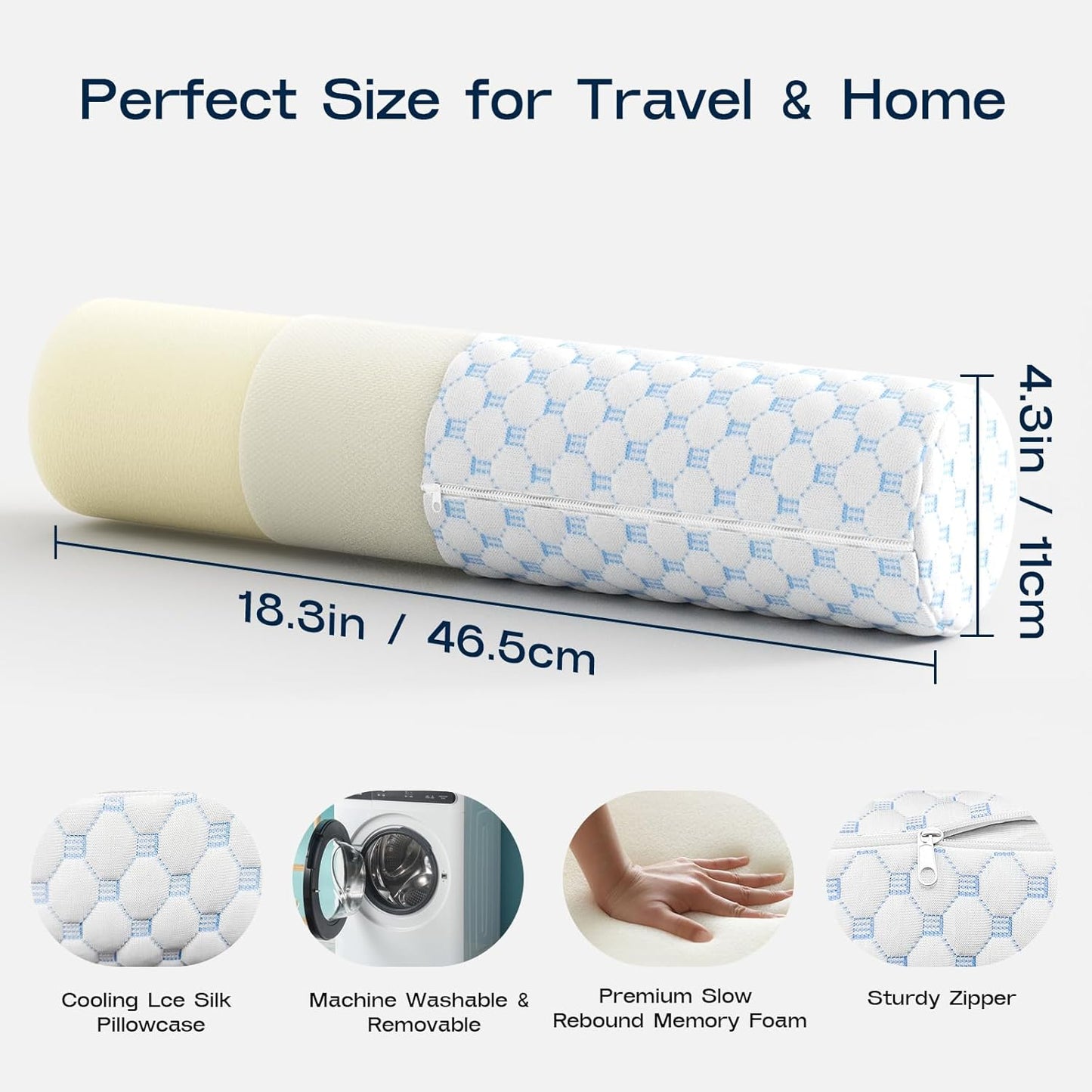Neck Roll Pillow, Memory Foam Neck Support Pillows, Round Neck Pillows, Cylinder Bolster Pillows for Bed, Couch, and Yoga, Removable Washable Cover,18 * 4.3 * 4.3inch (Cool-Blue)