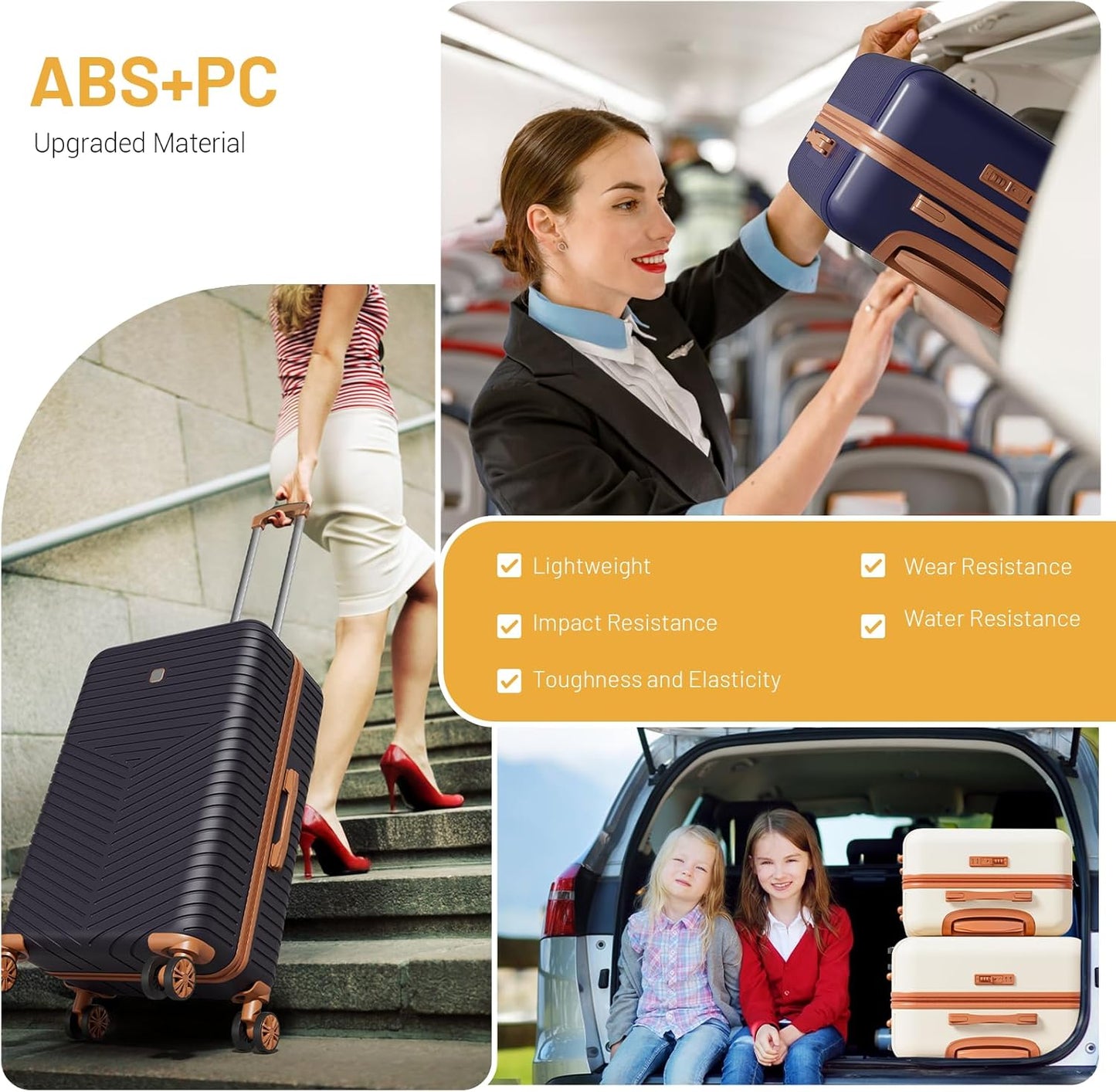 Hoteel 6 Piece Luggage Set (4-YEAR WARRANTY) with Spinner Wheels & TSA Lock, Carry on Luggage Hardshell ABS+PC, Travel Collection Suitcases Sets, Beige(13/20/24/28",Travel Bag,Cosmetic Bag)