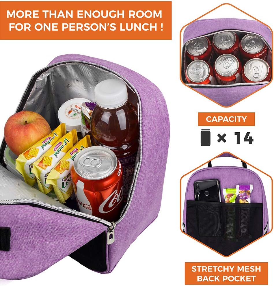 opux Lunch Box for Girls Boys Kids, Insulated Leakproof Lunch Bag, Reusable Teen Lunch Boxes for School, Medium Large lunchbox for Women Men Adult for Work with Front Back Pocket (Purple)