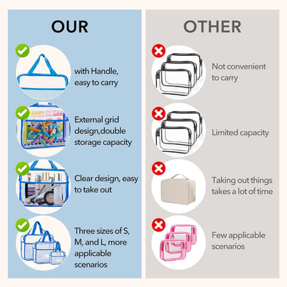 XEWEA Clear Travel Toiletry Bags, 3 Pack TSA Approved Transparent Makeup Bag for Men Women, Large Waterproof PVC Quart Organizer with Zipper for Toiletries Airline Essentials,Toy Storage Pouch Blue