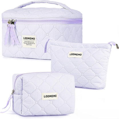 Makeup Bag 3 PCS Cosmetic Bags for Women, Large Travel Make up Bag Set Cute Cotton Toiletry Bag Organizer Pouch for Purse, Purple