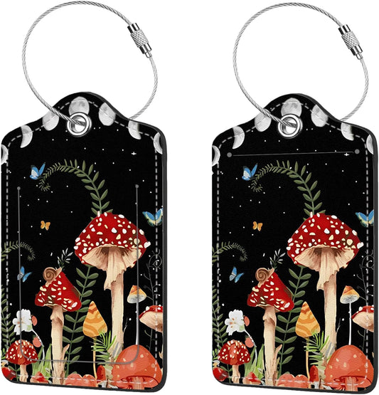 2 Pcs Luggage Tags for Suitcases,PU Leather Cruise Ship Luggage Tags with Privacy Cover Label Address Card and Durable Metal Ring Suitable for Men Women,Handbags Backpacks,Mushrooms Under The Stars