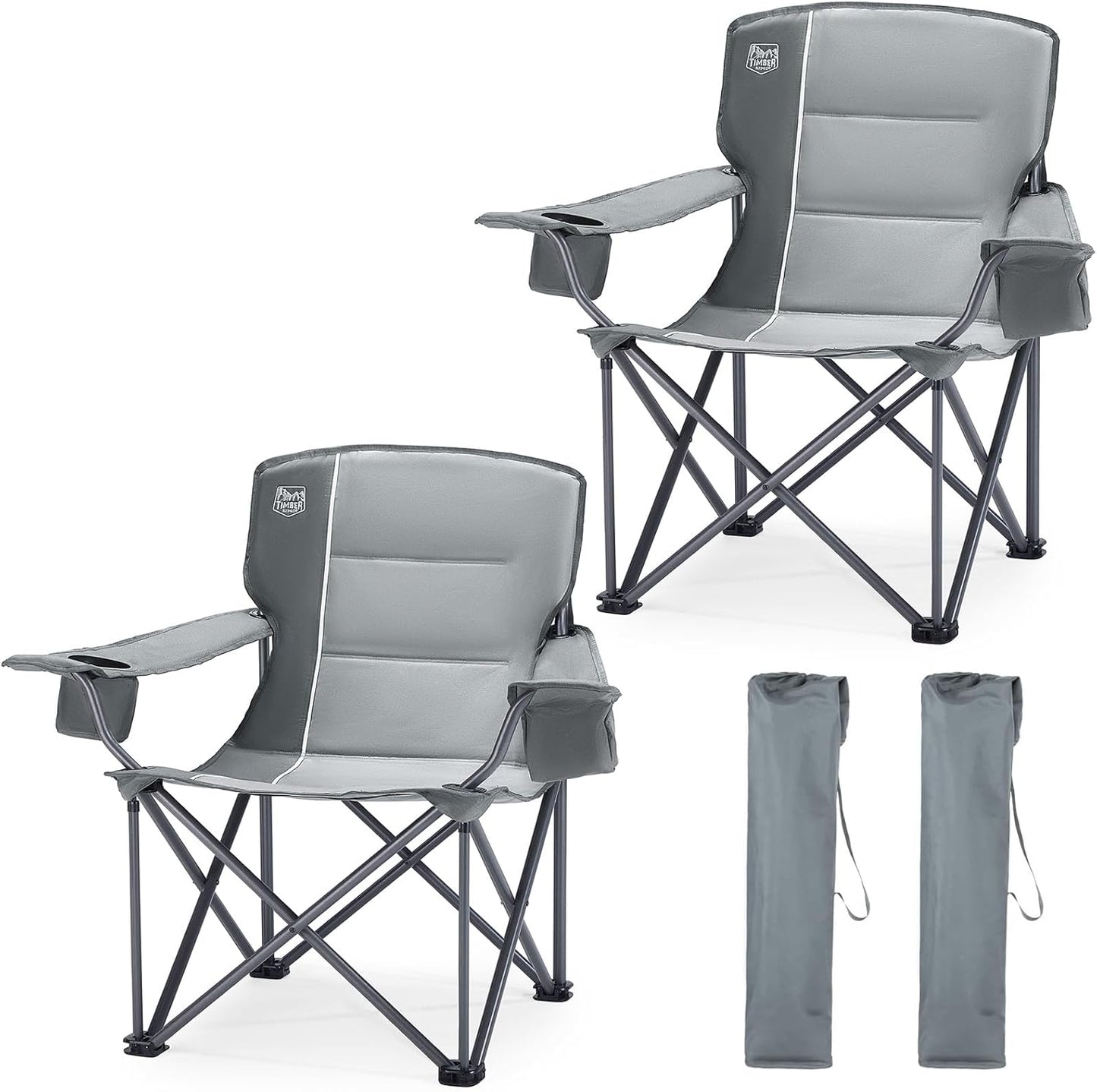 TIMBER RIDGE Oversized Folding Camping Chair for Adults, Support 550 LBS Heavy Duty with Cup Holder Side Pocket for Camping, Lawn, Picnic, 2 Pack(Grey)