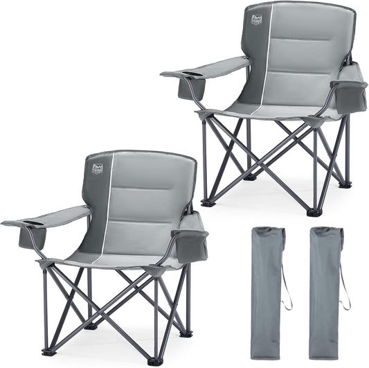 TIMBER RIDGE Oversized Folding Camping Chair for Adults, Support 550 LBS Heavy Duty with Cup Holder Side Pocket for Camping, Lawn, Picnic, 2 Pack(Grey)