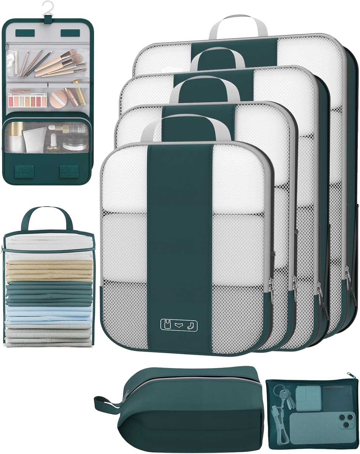 8 Set Compression Packing Cubes for Travel Essentials,Compressible Expandable Packing Cubes for Suitcase,OlarHike Luggage Organizer Bags for Travel,Handy Helper for Organizing Clothes(Dark Blue Green)