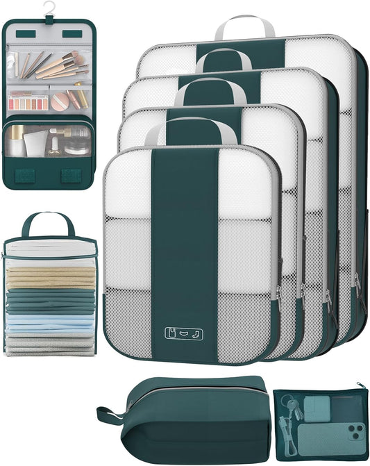 8 Set Compression Packing Cubes for Travel Essentials,Compressible Expandable Packing Cubes for Suitcase,OlarHike Luggage Organizer Bags for Travel,Handy Helper for Organizing Clothes(Dark Blue Green)