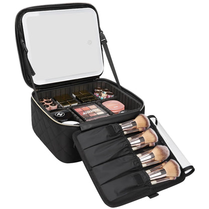 Relavel Travel Makeup Bag With Light Up Mirror, Cosmetic Train Case with LED Mirror, Professional Makeup Case for Makeup Artist, Waterproof Makeup Brush Holder Organizer Storage, Rhombus Black