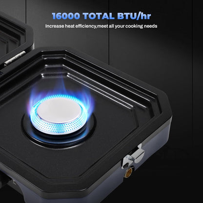 2-Burner Foldable Camping Stove with Griddle and Carrying Bag，16000 BTU Portable Propane Camp Stove with 2 Adjustable Burners & Piezo Ignition, for Camping, Home Backyard, Frying Turkey, Blue