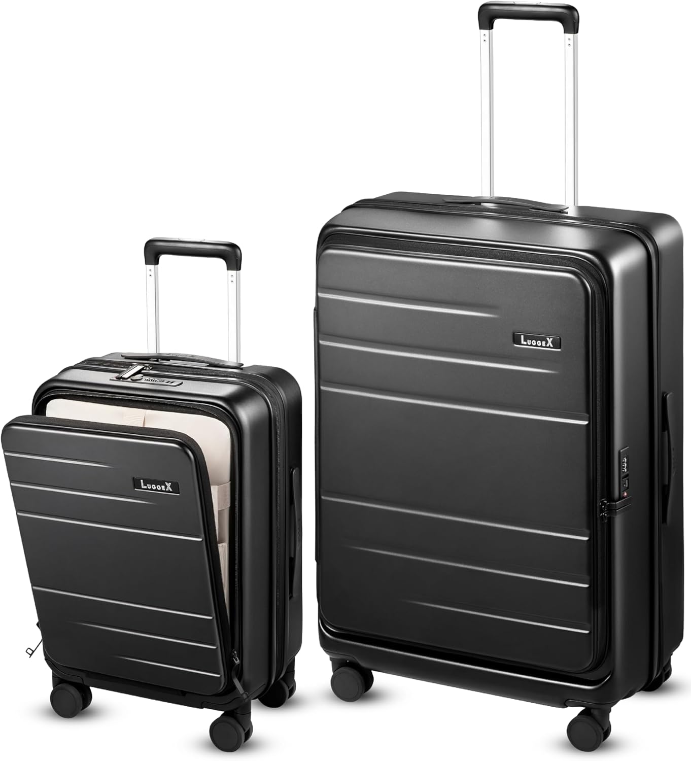 LUGGEX Luggage Sets 2 Piece, FLO5 Expandable Polycarbonate Hard Shell Suitcase Sets with Front Pocket (FX-Core, Black, 20/28 Inch)