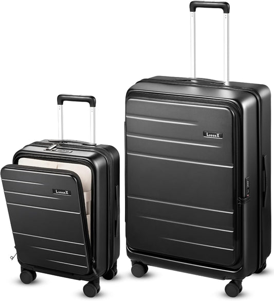 LUGGEX Luggage Sets 2 Piece, FLO5 Expandable Polycarbonate Hard Shell Suitcase Sets with Front Pocket (FX-Core, Black, 20/28 Inch)