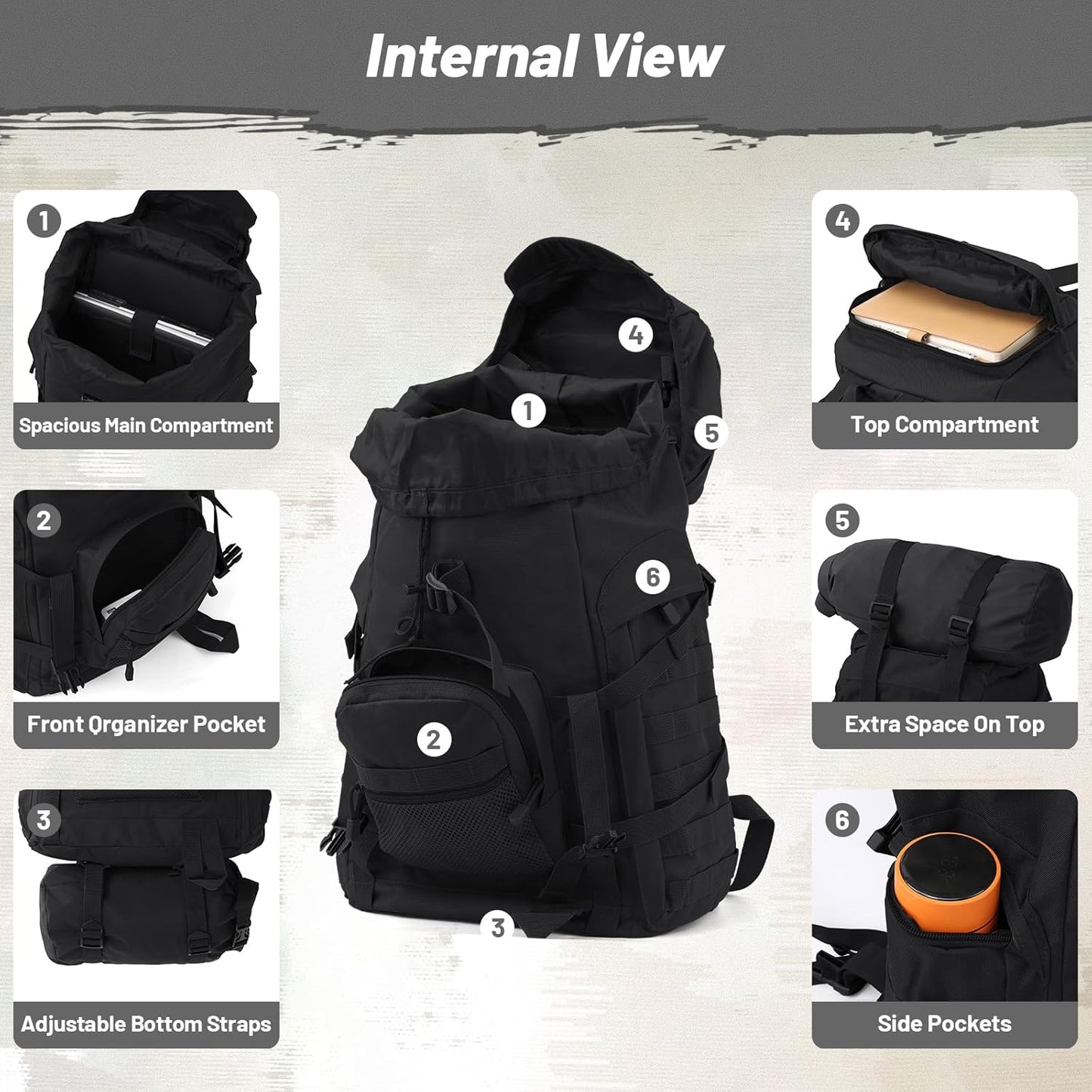 50L Tactical Backpack for Men and Women, Water-Resistant Molle Rucksack, Large Military Assault Pack for Hiking, Hunting, Camping, Gym & Outdoor Survival Black