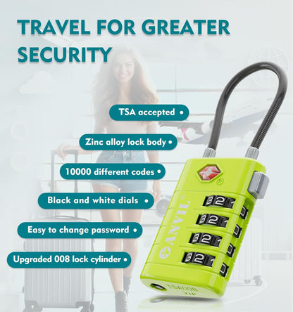 ANVIL 4 Digit Luggage Locks, TSA Locks for Luggage, Advanced TSA008 core, Alert Indicator for Your Travel Lock, Suitcase Lock. (4, Grass Green)