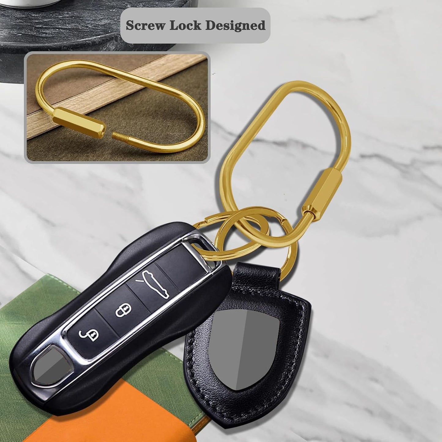 Key Chain, Brass Key Rings 2 Pack Screw Lock Key Organizer with 4 Rings Carabiner Keychain Clip for Men and Women