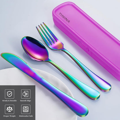 Travel Utensils with Case, 4-Piece Stainless Steel Portable Cutlery Set, Reinforced Case with Buckle Design, Lunch Box for Camping Work School, Include Fork Spoon Knife, Dishwasher Safe, Rainbow