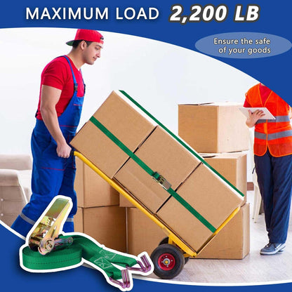 Ratchet Straps (4-Pack), 1 Inch x 16.4 Feet (2200lb Break Strength) with Sturdy Metal Hooks, 1x Work Gloves, Heavy Duty Tie Down Straps for Truck, Cargo Trailer, Motorcycle, Luggage, Moving (Green)
