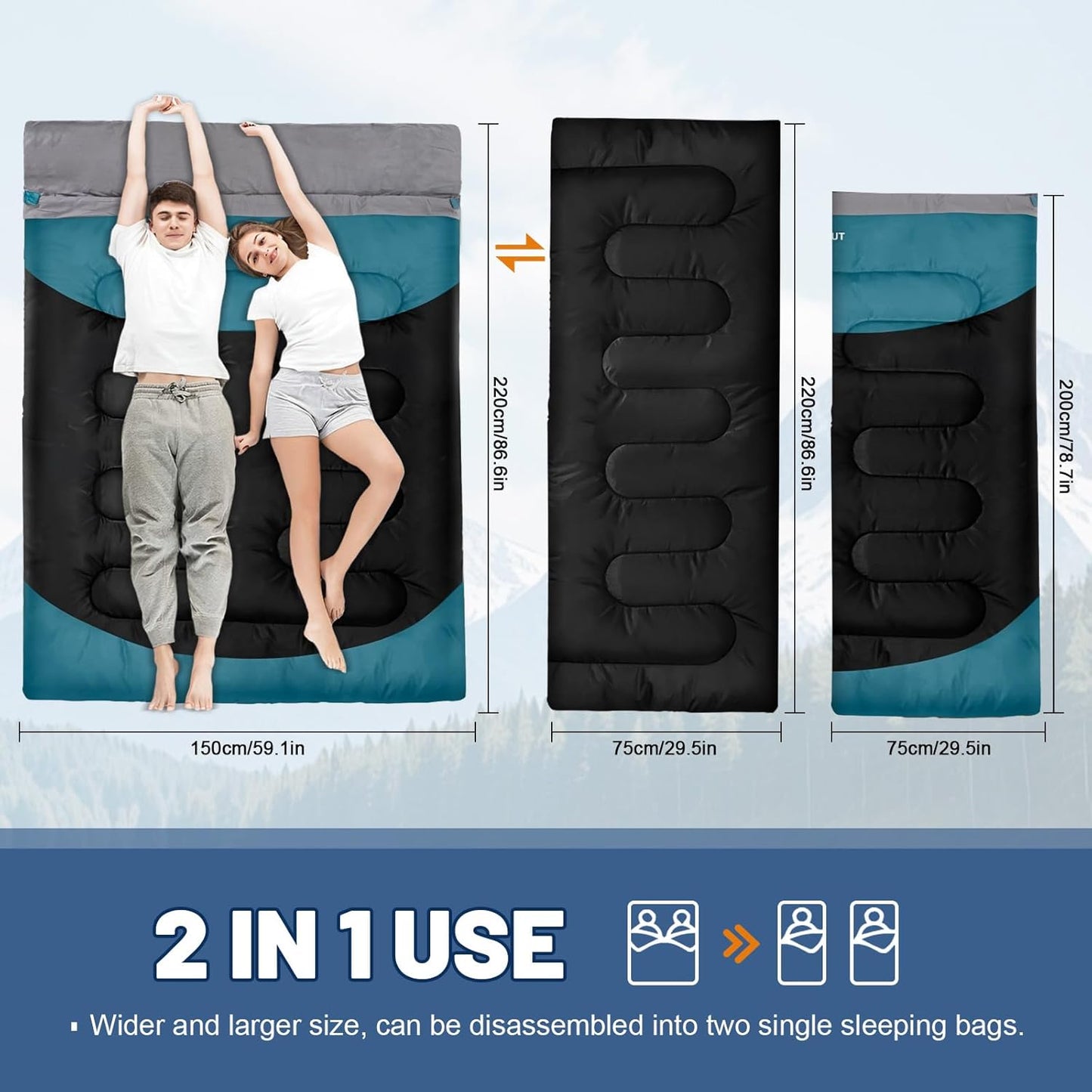 Double Sleeping Bag for Adults Machine Washable 2 Person Camping Sleeping Bag Queen Size Waterproof with Compression Sack for Cold Weather 3-4 Seasons