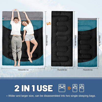 Double Sleeping Bag for Adults Machine Washable 2 Person Camping Sleeping Bag Queen Size Waterproof with Compression Sack for Cold Weather 3-4 Seasons