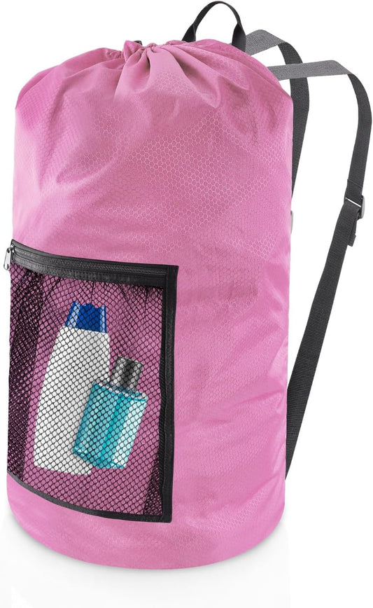 Laundry Bag Backpack, Extra Large Travel Laundry Bag with Mesh Pocket & Adjustable Shoulder Straps,Dirty Clothes Travel Bag for College Students Dorm,Apartment(Pink)
