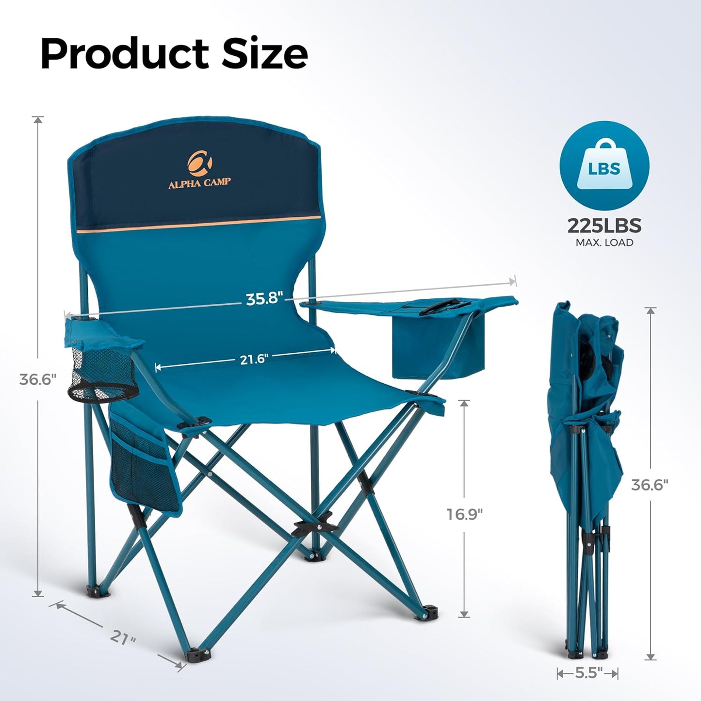 ALPHA CAMP Camping Chair 2 Pack Portable Chair with 3-Can Cooler Folding Chair with Side Pocket and Cup Holder, Collapsible for Camping, Tailgates, Beach, Fishing and Sports,2PC