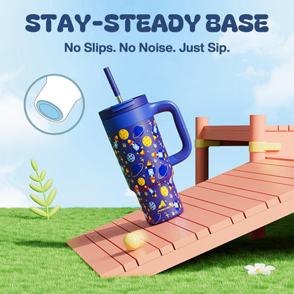24 oz Stainless Steel Tumbler for Children: Durable Handle, Easy to Clean, Straw Gulp Lid, Car Cup Holder Friendly, Insulated Cup for Sport, Hiking, Carry, Adventures, Bag, Classroom (Space Rocket)