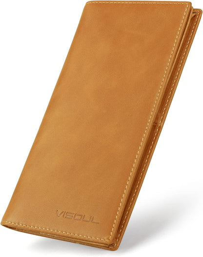 VISOUL Mens Leather Long Checkbook Bifold Wallets with RFID Blocking, Breast Pocket Tall Billfold Secretary Wallet for Men with Card Slots (Tan)