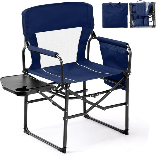 VINGLI Camping Chairs, Directors Chair, Camping Chair with Side Table & Carry Bag，Heavy Duty Camping Chairs for Adults, Portable Folding Camping Chair, Pocket for Beach, Fishing,Trip,Picnic,Lawn-Blue