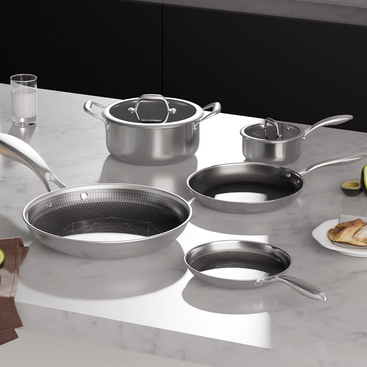 COOKER KING Stainless Steel Cookware Set, Pots and Pans Set Non Stick, Hybrid Ceramic Cookware, Frying Pans, Saucepans & Stock Pot with Glass Lid, Non-Toxic, Oven Safe, Induction Compatible